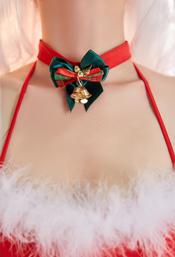 Xmas Bunny Women Sexy Red Halter Backless Plush Hem Heart Shape Cutout Lingerie Dress