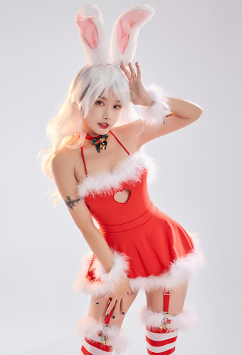 Xmas Bunny Women Sexy Red Halter Backless Plush Hem Heart Shape Cutout Lingerie Dress