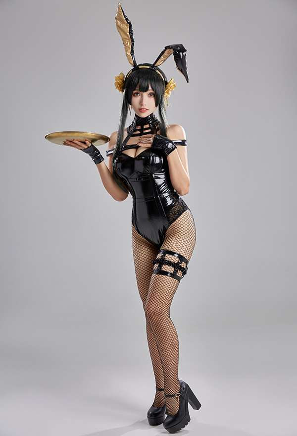Yor Women Gothic Black Sexy PU Halter Deep V Bunny Girl Bodysuit