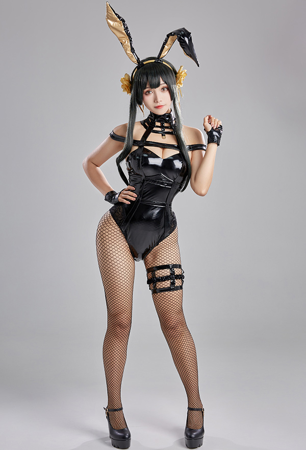 Yor Women Gothic Black Sexy PU Halter Deep V Bunny Girl Bodysuit