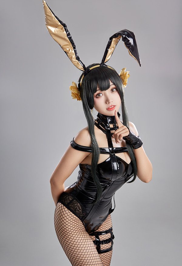Yor Women Gothic Black Sexy PU Halter Deep V Bunny Girl Bodysuit