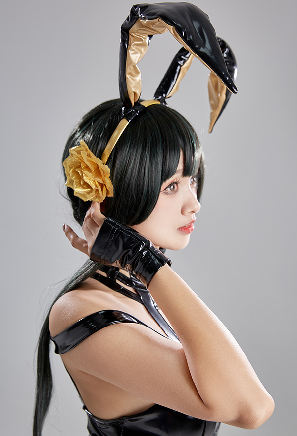 Yor Women Gothic Black Sexy PU Halter Deep V Bunny Girl Bodysuit