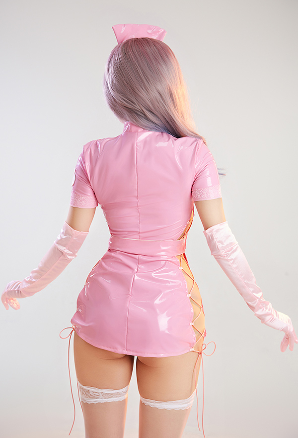 Ur Medi-sin Gothic Sexy Nurse Costume Pink Lace-up Outfit With Belt Lace Mask And Headband