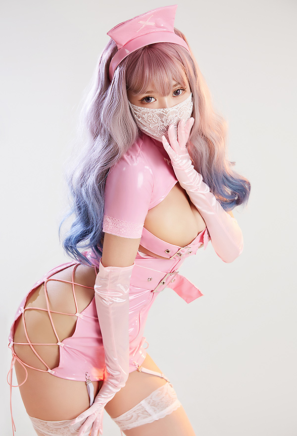 Ur Medi-sin Gothic Sexy Nurse Costume Pink Lace-up Outfit With Belt Lace Mask And Headband