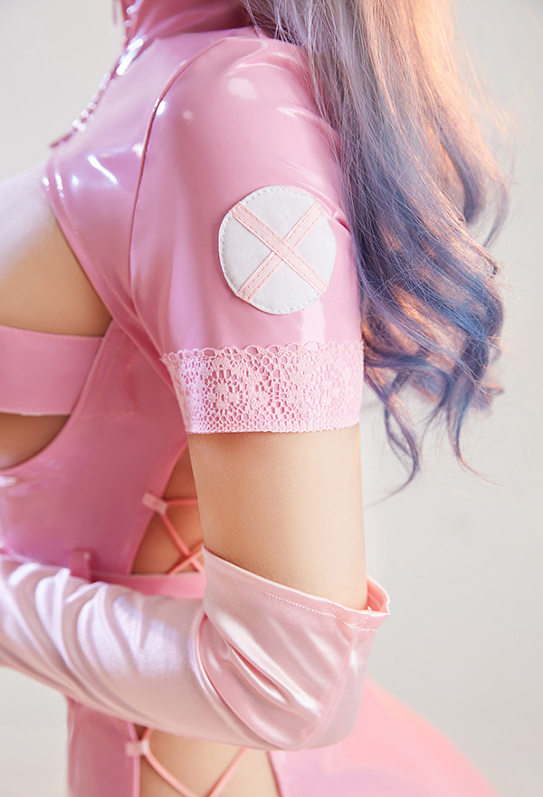 Ur Medi-sin Gothic Sexy Nurse Costume Pink Lace-up Outfit With Belt Lace Mask And Headband