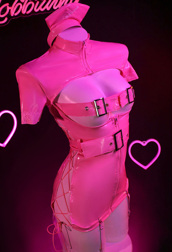 Ur Medi-sin Gothic Sexy Nurse Costume Pink Lace-up Outfit With Belt Lace Mask And Headband