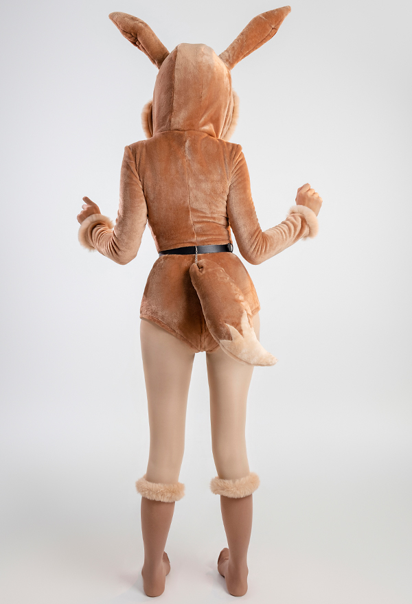 Sexy Brown Plush Fluffy Hooded Deep V Sexy Romper with Belt and Tail