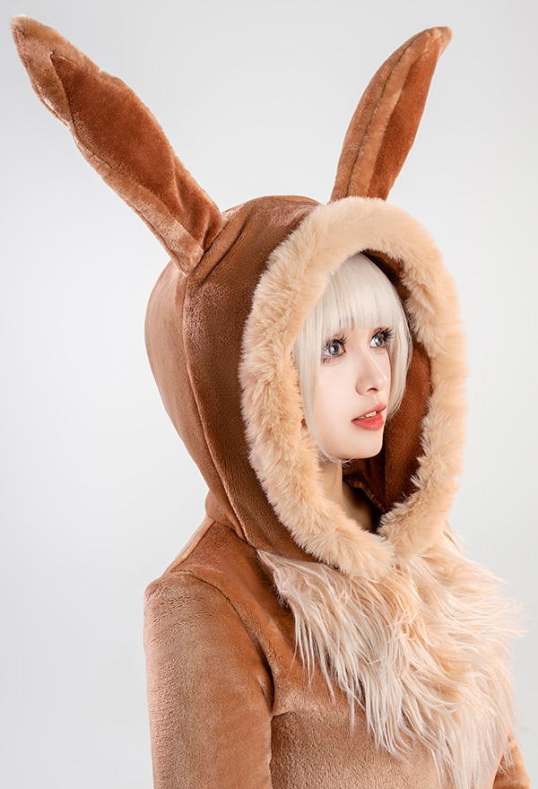 Sexy Brown Plush Fluffy Hooded Deep V Sexy Romper with Belt and Tail