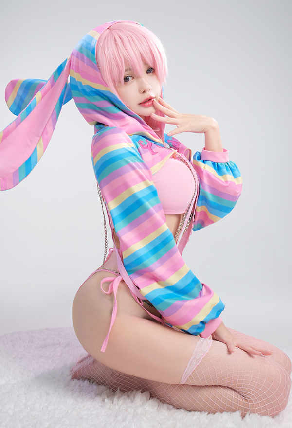Rainbow Baby Rainbow Bunny Ear Long Sleeve Top and Vest Panty Sexy Lingerie Set with Fishnet Stockings and Chains Rainbow Baby Rainbow Bunny Ear Long Sleeve Top and Vest Panty Sexy Lingerie Set with Fishnet Stockings and Chains