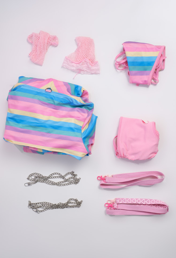 Rainbow Baby Rainbow Bunny Ear Long Sleeve Top and Vest Panty Sexy Lingerie Set with Fishnet Stockings and Chains Rainbow Baby Rainbow Bunny Ear Long Sleeve Top and Vest Panty Sexy Lingerie Set with Fishnet Stockings and Chains