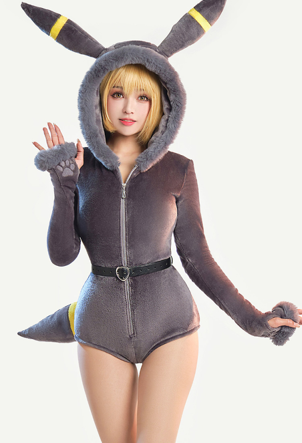 Moonlight Fox Dark Gray Sexy Romper Bodysuit Plush Hooded and Socks with Belt and Tail Moonlight Fox Dark Gray Sexy Romper Bodysuit Plush Hooded and Socks with Belt and Tail