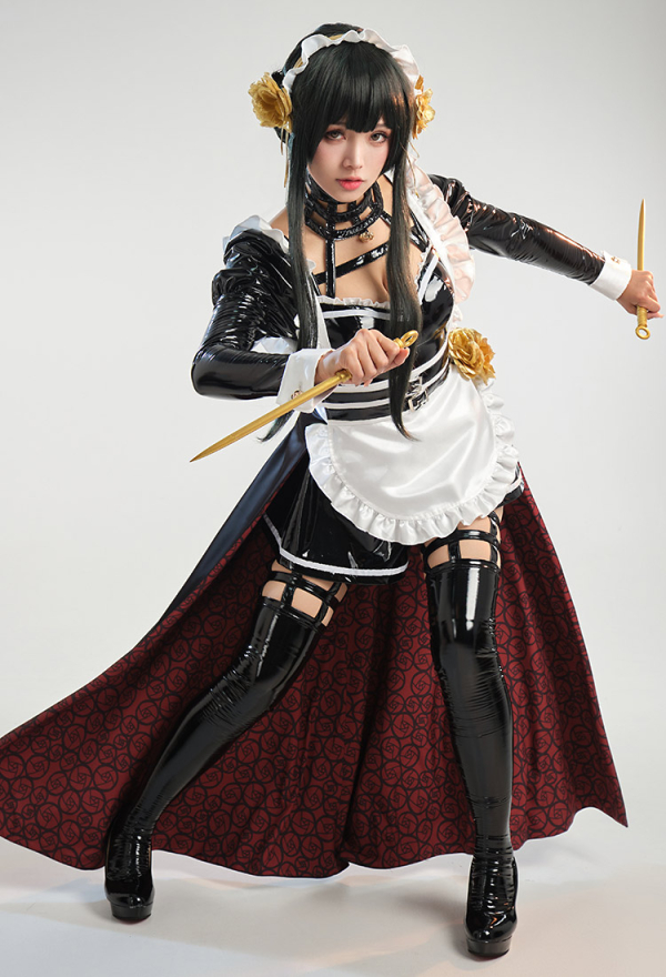 Spy House Sexy PU Leather Maid Costume and Apron with Headband and Thigh Socks