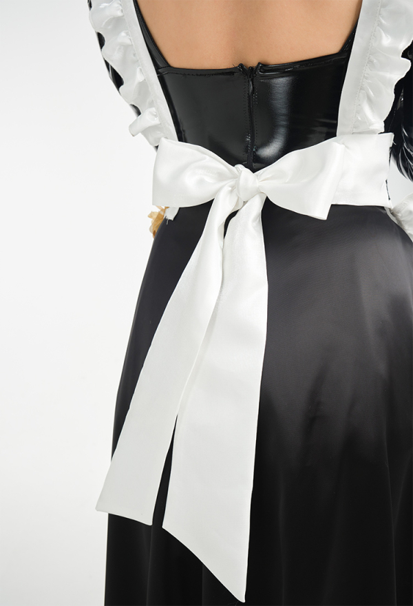 Spy House Sexy PU Leather Maid Costume and Apron with Headband and Thigh Socks