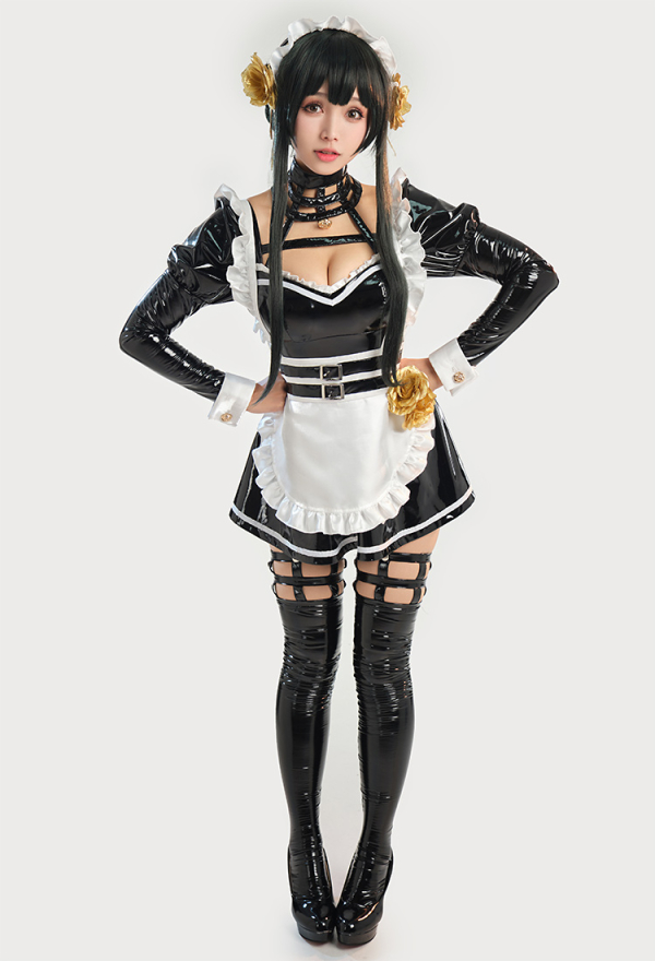 Spy House Sexy PU Leather Maid Costume and Apron with Headband and Thigh Socks