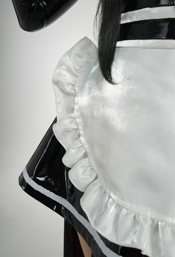 Spy House Sexy PU Leather Maid Costume and Apron with Headband and Thigh Socks