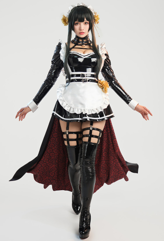 Spy House Sexy PU Leather Maid Costume and Apron with Headband and Thigh Socks