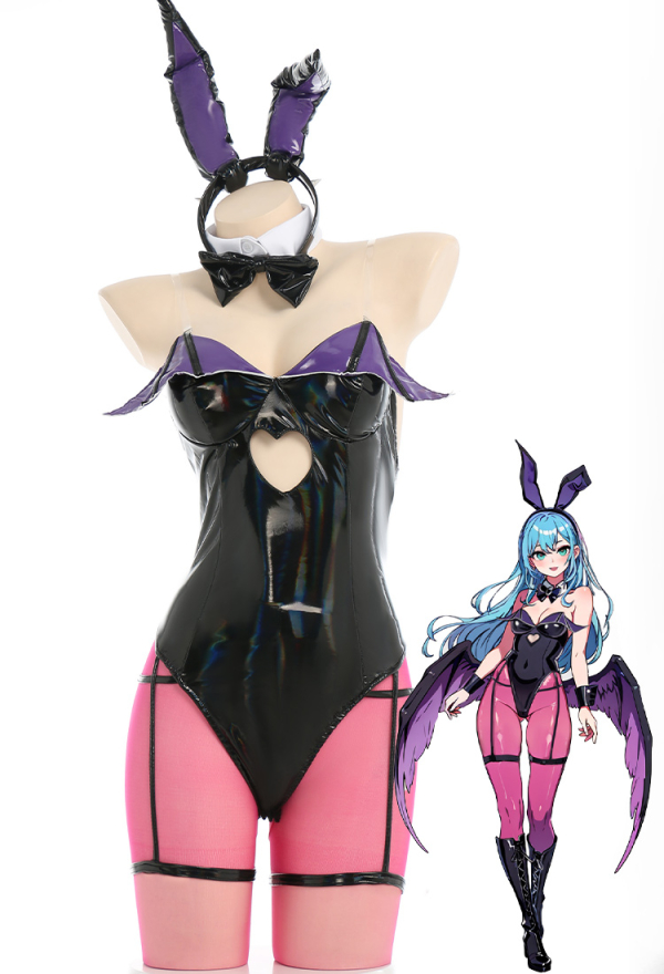 Devil Girl Sexy Black PU Leather Bunny Girl Sexy Lingerie Set with Stockings