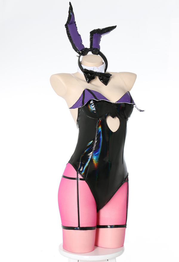 Devil Girl Sexy Black PU Leather Bunny Girl Sexy Lingerie Set with Stockings