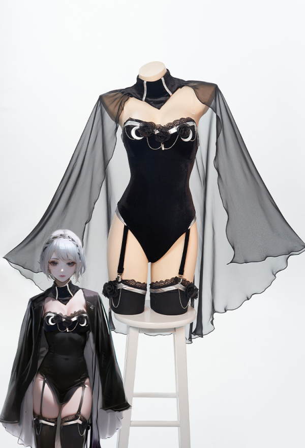 Love Poetry Sexy Black Rose Decoration Sexy Lace Lingerie with Cloak and Stocking Love Poetry Sexy Black Rose Decoration Sexy Lace Lingerie with Cloak and Stocking