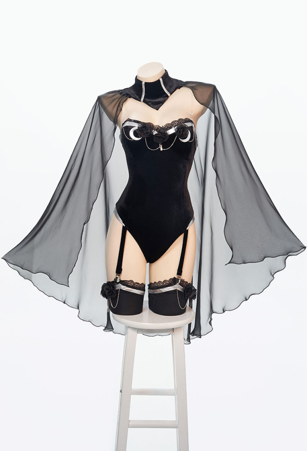 Love Poetry Sexy Black Rose Decoration Sexy Lace Lingerie with Cloak and Stocking Love Poetry Sexy Black Rose Decoration Sexy Lace Lingerie with Cloak and Stocking