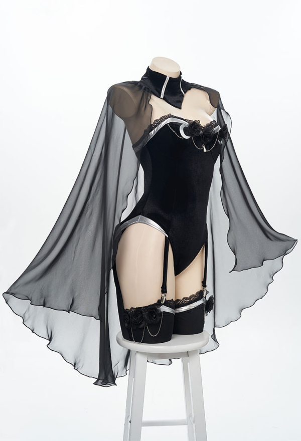 Love Poetry Sexy Black Rose Decoration Sexy Lace Lingerie with Cloak and Stocking Love Poetry Sexy Black Rose Decoration Sexy Lace Lingerie with Cloak and Stocking