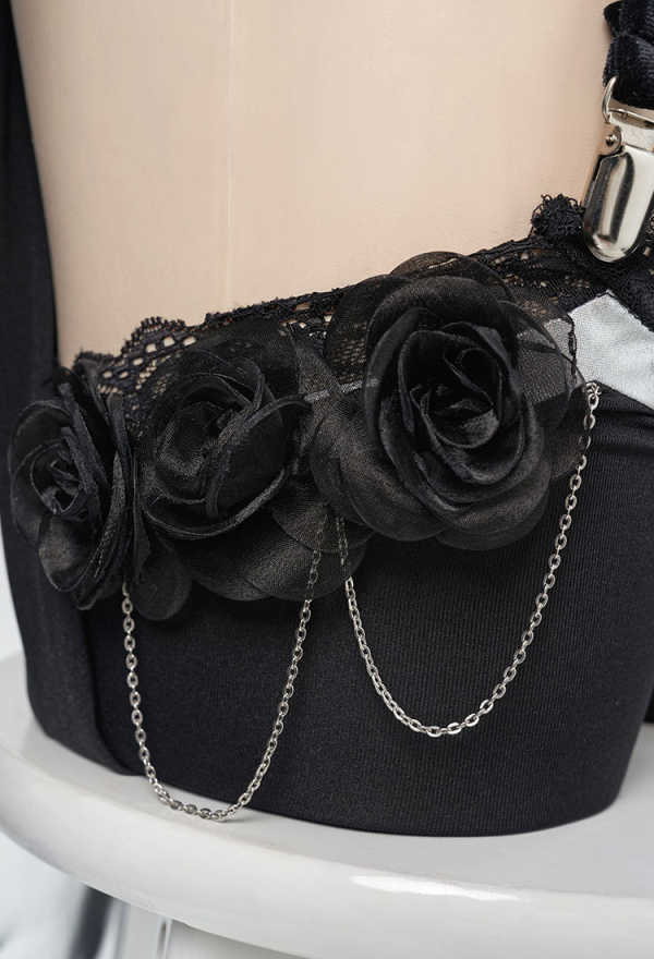Love Poetry Sexy Black Rose Decoration Sexy Lace Lingerie with Cloak and Stocking Love Poetry Sexy Black Rose Decoration Sexy Lace Lingerie with Cloak and Stocking