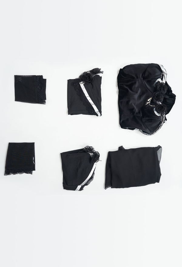 Love Poetry Sexy Black Rose Decoration Sexy Lace Lingerie with Cloak and Stocking Love Poetry Sexy Black Rose Decoration Sexy Lace Lingerie with Cloak and Stocking