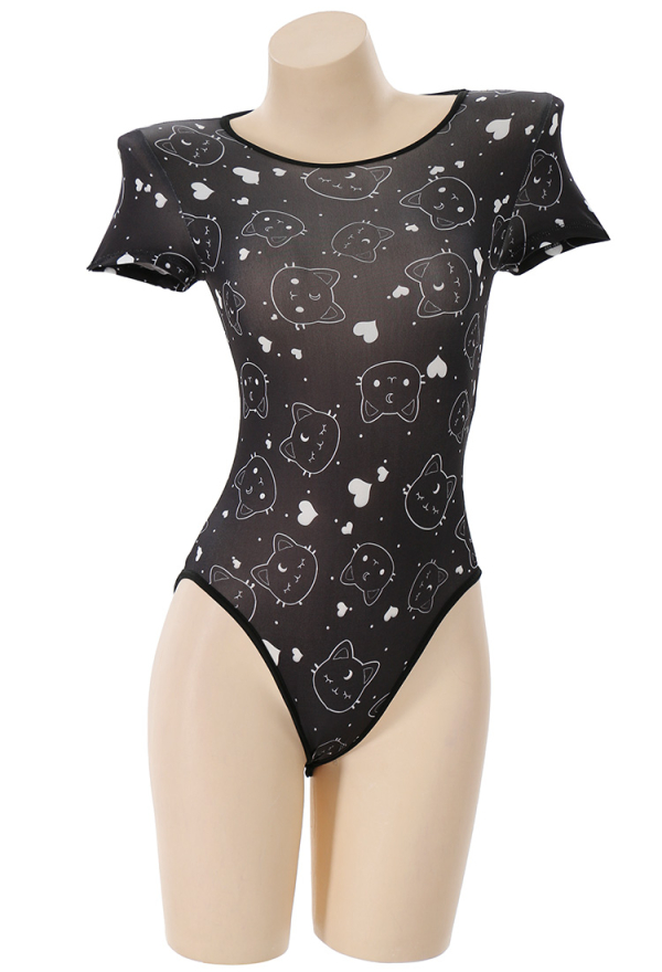 Cute Black Cat and Heart Print Bodysuit