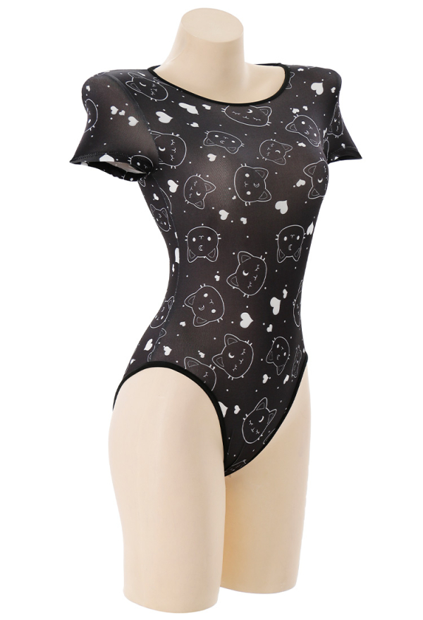 Cute Black Cat and Heart Print Bodysuit
