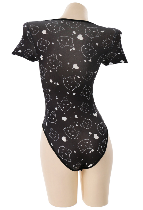 Cute Black Cat and Heart Print Bodysuit