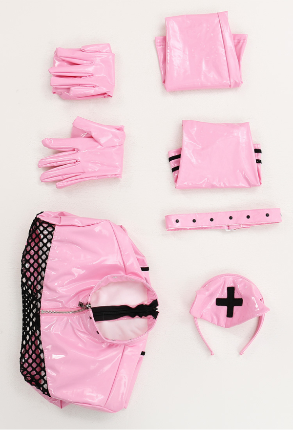 FALLEN ANGEL Gothic Temptation Nurse Uniform Sexy Style Pink Mesh Cross Pattern Bodysuit with Gloves and Hat