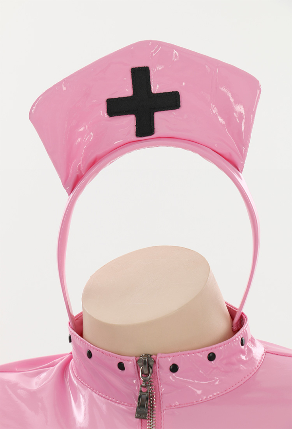 FALLEN ANGEL Gothic Temptation Nurse Uniform Sexy Style Pink Mesh Cross Pattern Bodysuit with Gloves and Hat