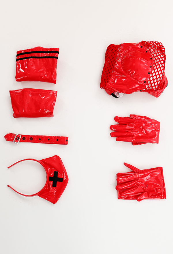 FALLEN ANGEL Gothic Temptation Nurse Uniform Sexy Style Red Mesh Cross Pattern Bodysuit with Gloves and Hat