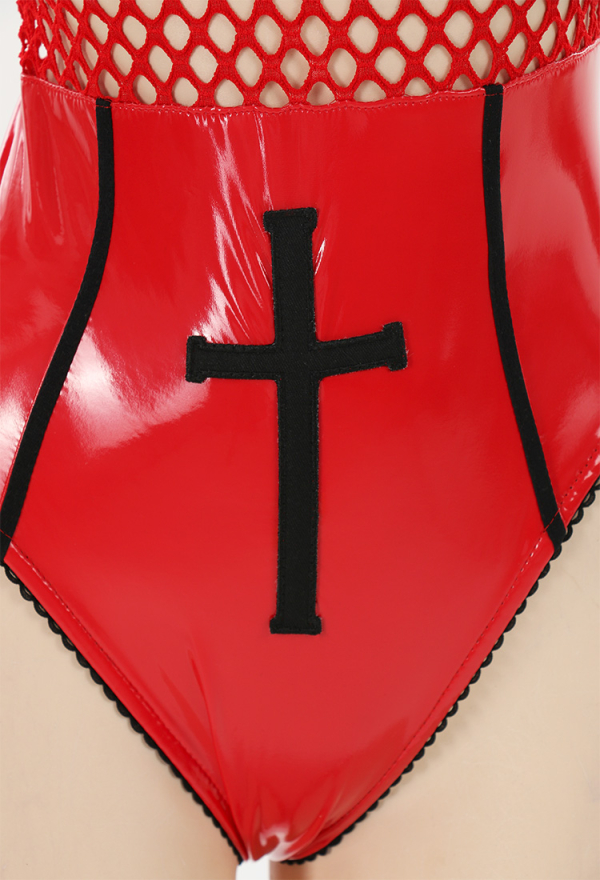 FALLEN ANGEL Gothic Temptation Nurse Uniform Sexy Style Red Mesh Cross Pattern Bodysuit with Gloves and Hat