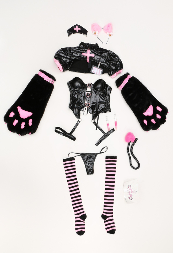 Cat Nurse Sexy Black Pink Cutout Lingerie Set Top and Panty with Detachable Paws and Thigh Socks Cat Nurse Sexy Black Pink Cutout Lingerie Set Top and Panty with Detachable Paws and Thigh Socks