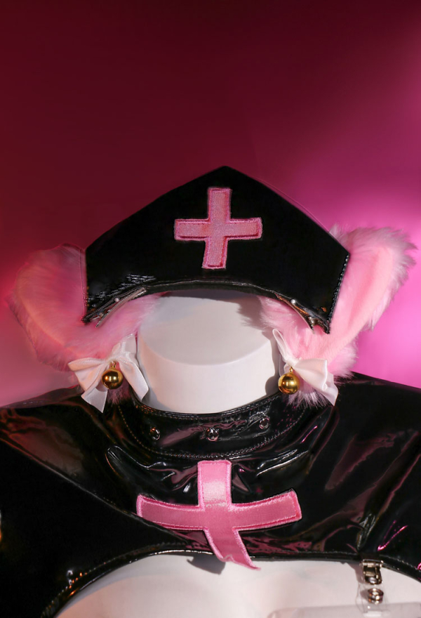 Cat Nurse Sexy Black Pink Cutout Lingerie Set Top and Panty with Detachable Paws and Thigh Socks Cat Nurse Sexy Black Pink Cutout Lingerie Set Top and Panty with Detachable Paws and Thigh Socks
