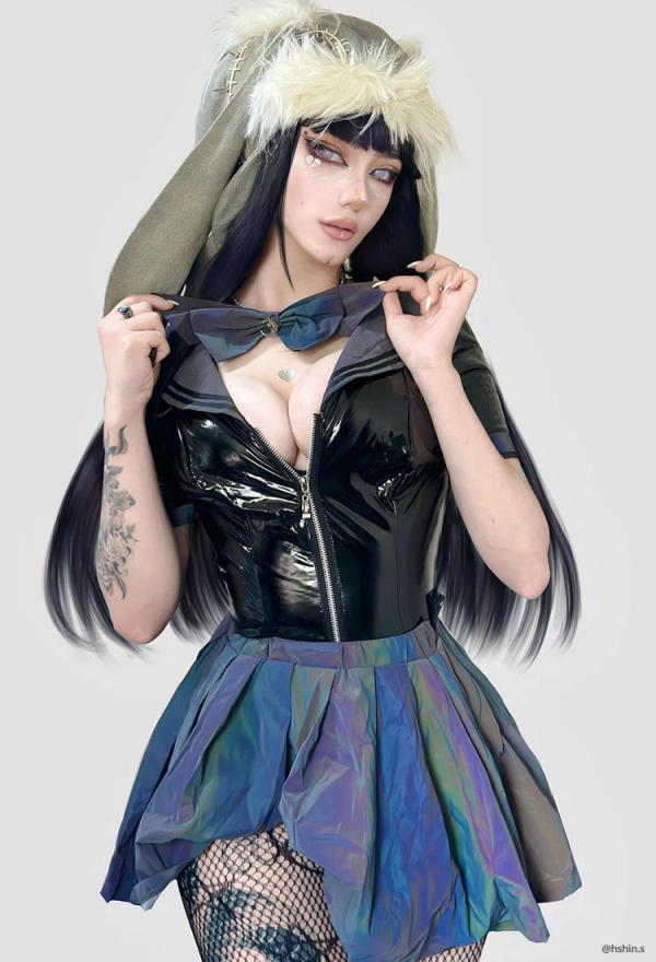 PRISM WAVE Sexy Black Reflective Laser Leather Sailor Costume Set with Collar Stockings PRISM WAVE Sexy Black Reflective Laser Leather Sailor Costume Set with Collar Stockings