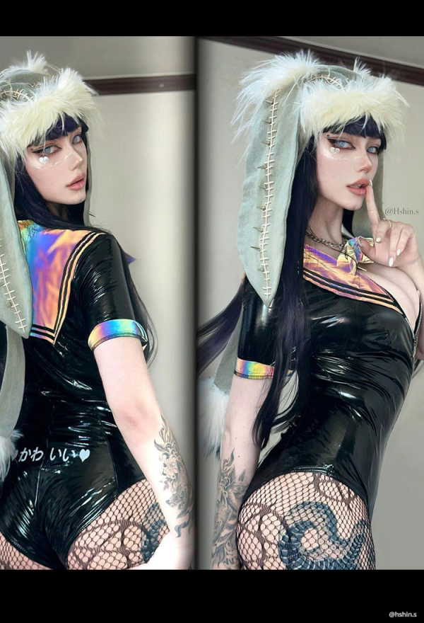 PRISM WAVE Sexy Black Reflective Laser Leather Sailor Costume Set with Collar Stockings PRISM WAVE Sexy Black Reflective Laser Leather Sailor Costume Set with Collar Stockings