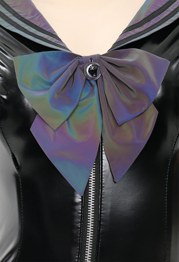 PRISM WAVE Sexy Black Reflective Laser Leather Sailor Costume Set with Collar Stockings PRISM WAVE Sexy Black Reflective Laser Leather Sailor Costume Set with Collar Stockings