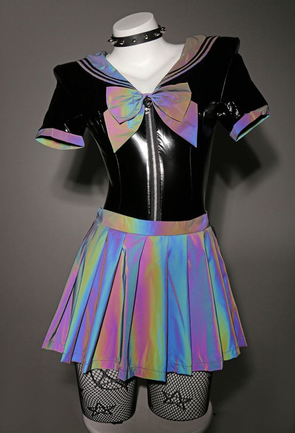 PRISM WAVE Sexy Black Reflective Laser Leather Sailor Costume Set with Collar Stockings PRISM WAVE Sexy Black Reflective Laser Leather Sailor Costume Set with Collar Stockings