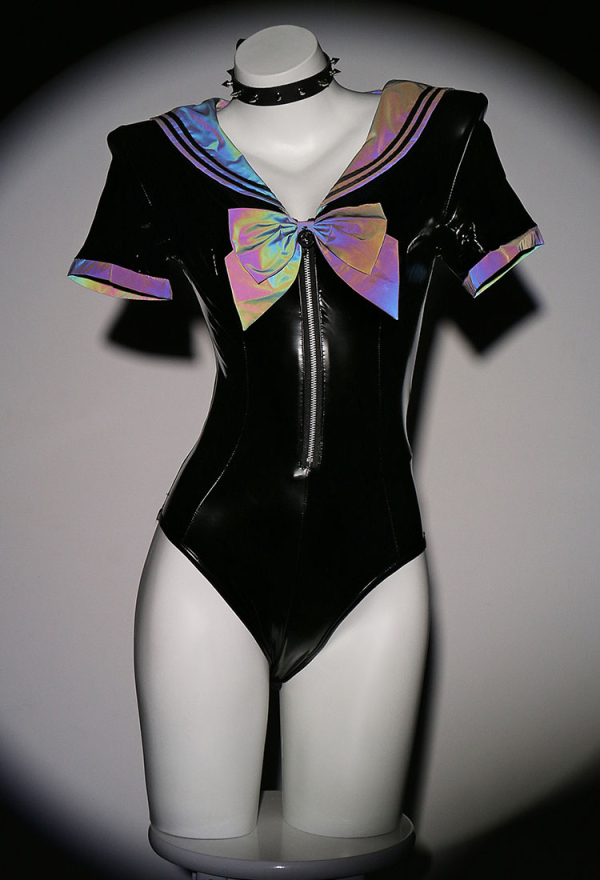 PRISM WAVE Sexy Black Reflective Laser Leather Sailor Costume Set with Collar Stockings PRISM WAVE Sexy Black Reflective Laser Leather Sailor Costume Set with Collar Stockings