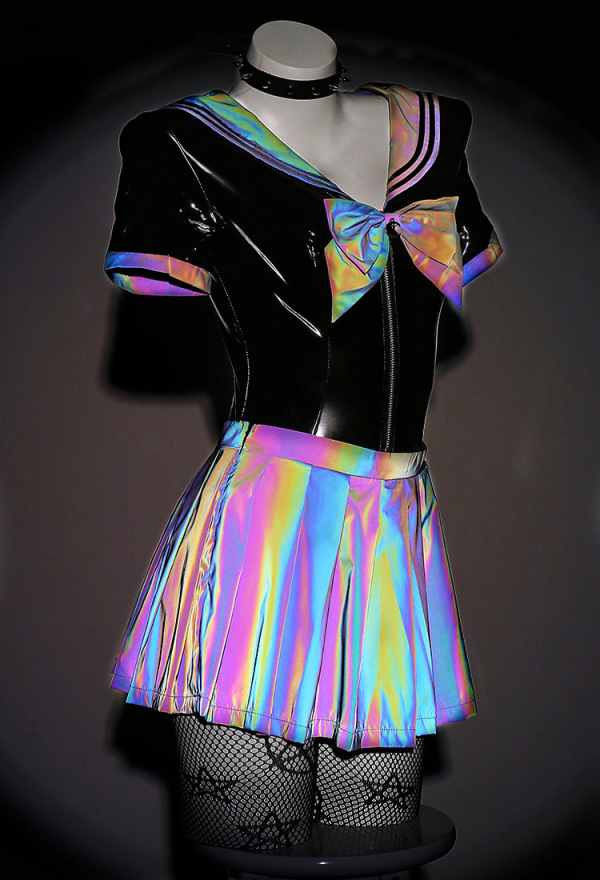 PRISM WAVE Sexy Black Reflective Laser Leather Sailor Costume Set with Collar Stockings PRISM WAVE Sexy Black Reflective Laser Leather Sailor Costume Set with Collar Stockings