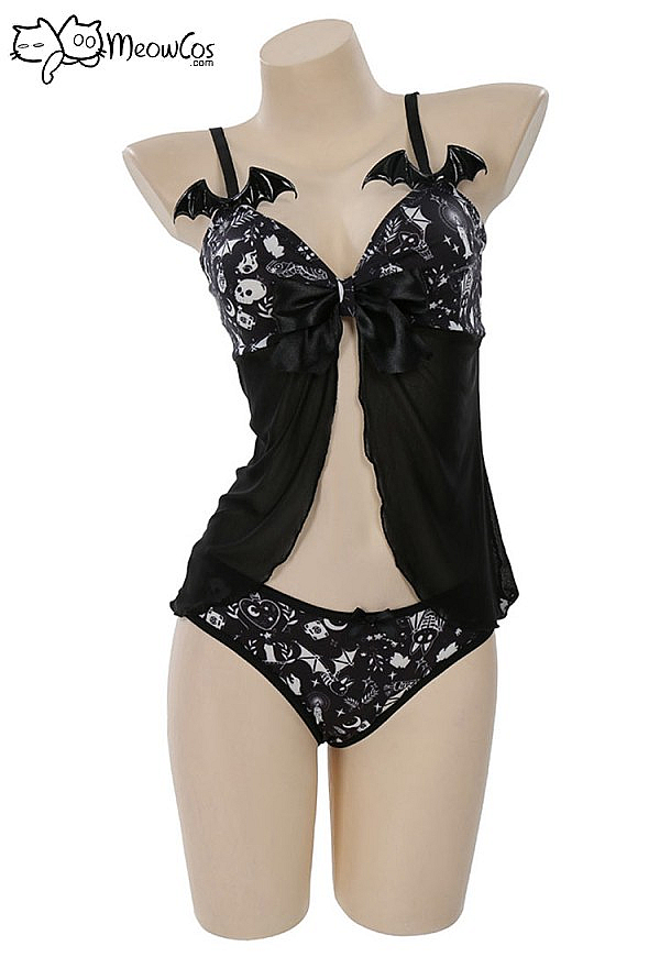 Meowcos.com Gothic Print Nightwear Set Babydoll Sleepwear Lace V Neck Strap Cami Lingerie
