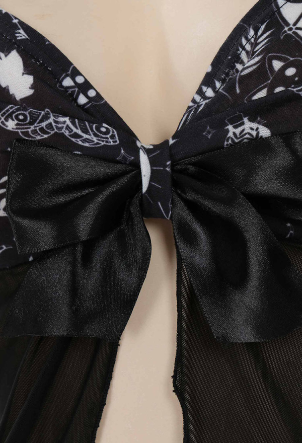 Meowcos.com Gothic Print Nightwear Set Babydoll Sleepwear Lace V Neck Strap Cami Lingerie