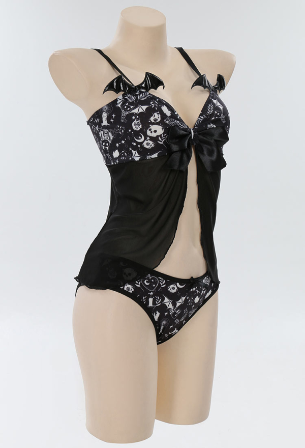 Meowcos.com Gothic Print Nightwear Set Babydoll Sleepwear Lace V Neck Strap Cami Lingerie