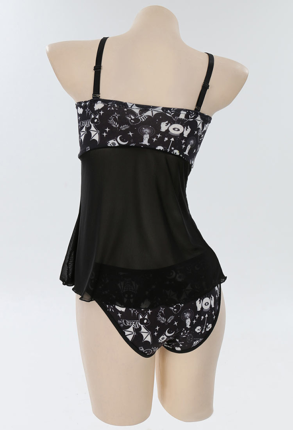 Meowcos.com Gothic Print Nightwear Set Babydoll Sleepwear Lace V Neck Strap Cami Lingerie