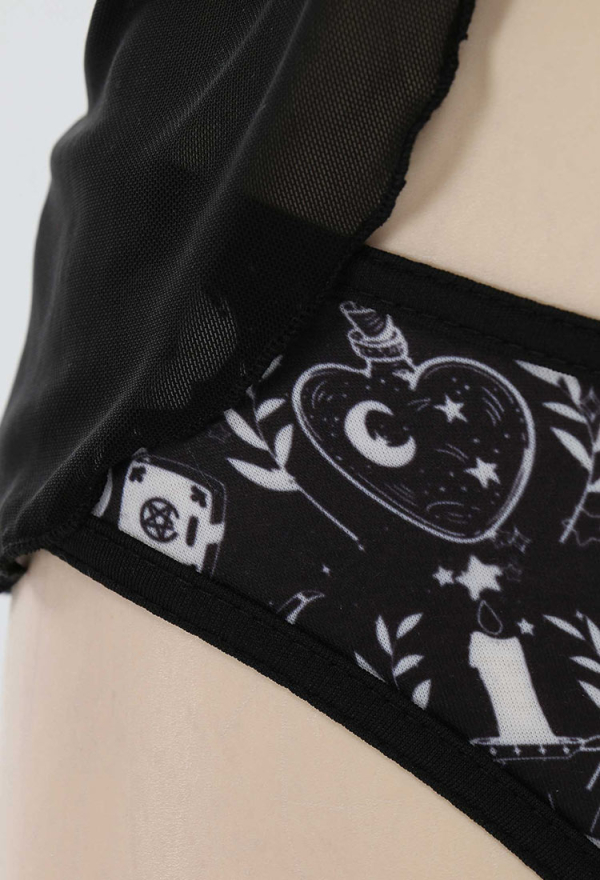 Meowcos.com Gothic Print Nightwear Set Babydoll Sleepwear Lace V Neck Strap Cami Lingerie
