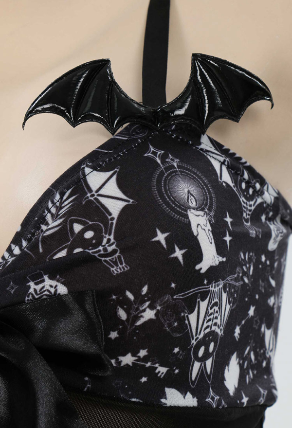 Meowcos.com Gothic Print Nightwear Set Babydoll Sleepwear Lace V Neck Strap Cami Lingerie