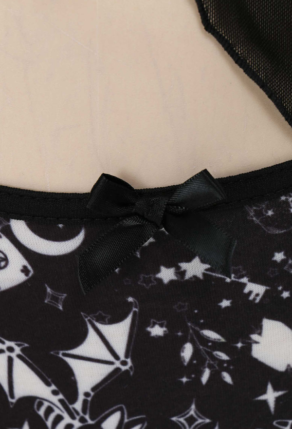 Meowcos.com Gothic Print Nightwear Set Babydoll Sleepwear Lace V Neck Strap Cami Lingerie