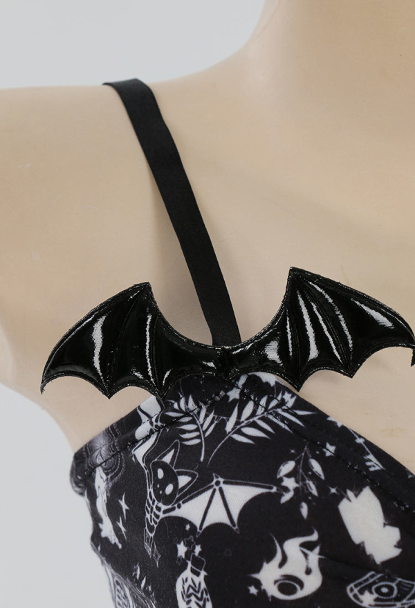 Meowcos.com Gothic Print Nightwear Set Babydoll Sleepwear Lace V Neck Strap Cami Lingerie